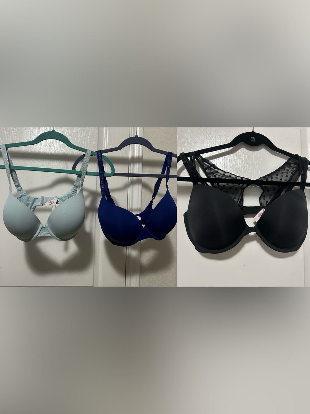 Victoria's Secret Light Blue & Royal Blue T-Shirt Bras, Black Polka Mesh 34DD